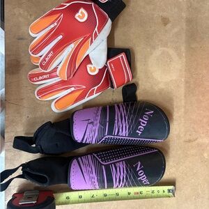 CLBORT Red and Orange Soccer Gloves with Purple and Black Noper Shin Guards